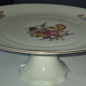 Princess House Princess Heritage Floral Cake Stand Footed Plate White Gold Trim